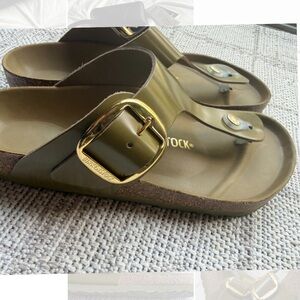 Birkenstock Khaki Sandals with Metallic Buckle